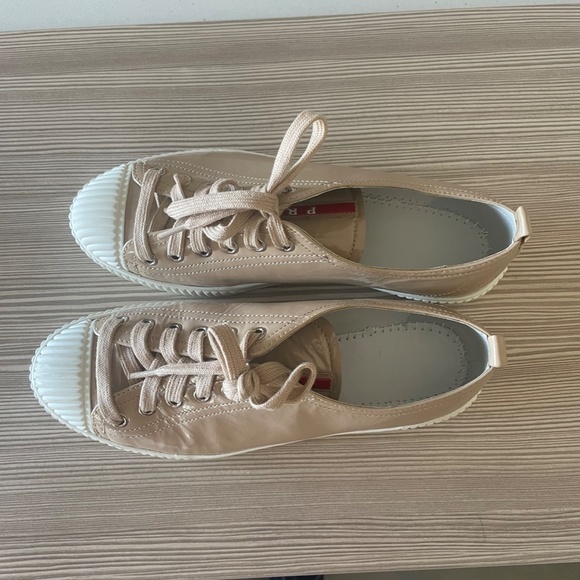PRADA Beige Powder Patent Leather Sneakers with PRADA Dust Bag - Picture 6 of 16